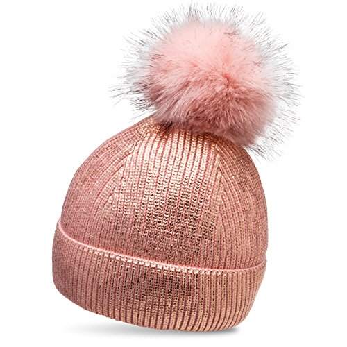 Caspar MU192 Bonnet en tricot doublé avec pompon XL en fausse fourrure métallisée et paillettes pour femme, Taille:Taille unique, Couleur:rose métallique Cover
