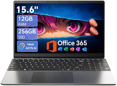 AKCHART 15.6 Inch Laptop with Office 365, 12GB RAM 256GB SSD, Quad-Core Processor, Win 11 Home Laptops Computer, IPS FHD, 180°Viewing, Type-C, WiFi 5, BT4.2, Portable Thin Business Student Laptops
