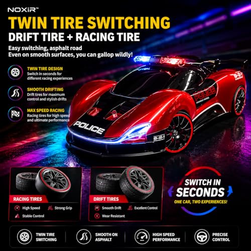 Image of RC Drift Car 1:16 Scale, 2.4GHz Remote Control, Set | 25KM /H High-Speed, LED Lights, Replaceable Drift Tyres, Spare Wheels & Cones Included