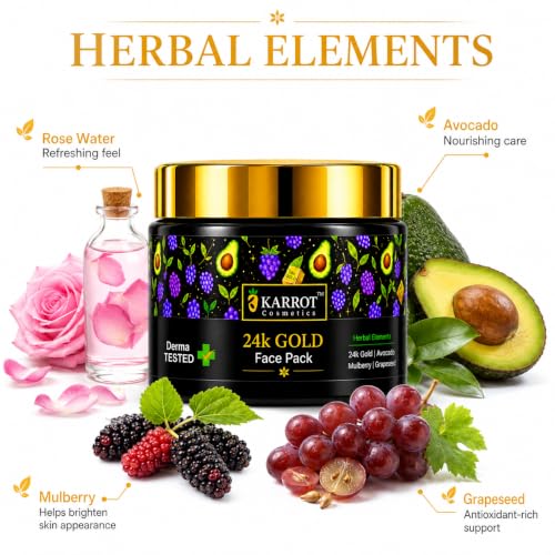 Image of KARROT 24K Gold Face Pack for Glowing Skin 100g with Avocado Mulberry Grapeseed for Instant Glow and Tan Removal, Kaolin Clay Hyaluronic Acid Alpha Arbutin, All Skin Types
