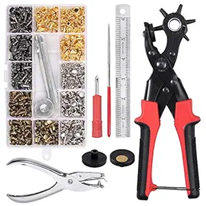 Leather Hole Punch Tool & 240Pcs Leather Rivets, Belts Revolving Puncher Kit with Screwdriver Grinding Rod Ruler Brass Pad 3 Sizes Double Cap Rivets with Hand punch pliers 3 Pieces Setting Tool Kit