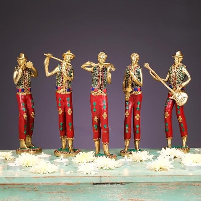 Joyful - Set musicale in ottone con lavorazione in pietra, collezione di idoli musicisti, 5 pezzi, regalo di nozze, set musicista in ottone, 28 cm, set di musicisti tribali