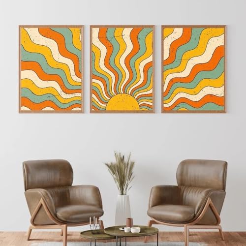 XBTYKPB Affiches d'art bohème vintage des années 70, soleil psychédélique, dégradé de couleurs abstrait, peinture sur toile, impressions murales, image pour chambre, maison, 30 x 45 cm, sans cadre