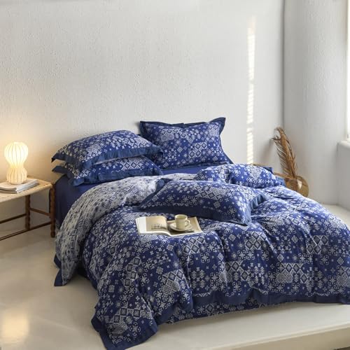 VM VOUGEMARKET Bohemian Duvet Cover Queen Navy Blue White Geometric Duvet Cover Yarn-Dyed Cotton 3 Pieces Jacquard Comforter Cover with Zipper Closure,Navy Blue/White