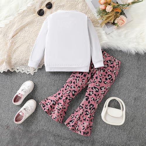 Image of Toddler Girl Clothes Long Sleeve Cartoon & Letter Graphic Top + Fruit Stationery Print Flared Leg Pants
