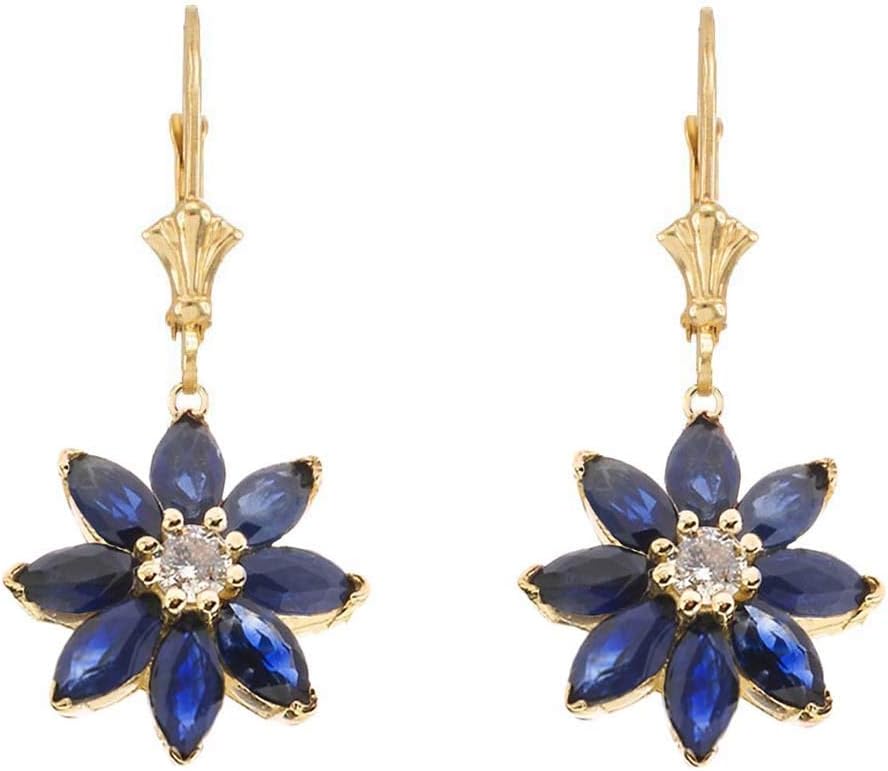 Exotic 14k Gold Daisy Diamond and Sapphire Flower Leverback Earrings