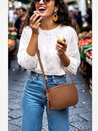 AFKOMST Woven Crossbody Bags for Women Small Fall Cross Body Purse and Boho Handbags with Tassels,Vegen Leather2