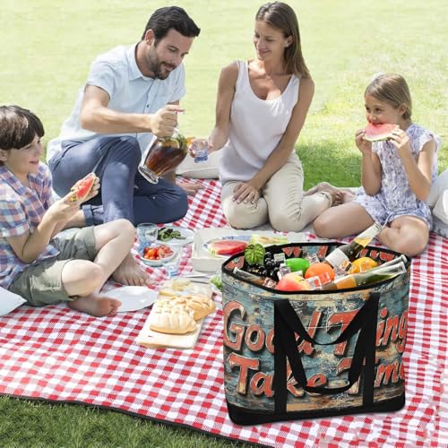 Good Things Take Time Large Insulated Tote Bag for Grocery Shopping Reusable Tote Bags for Women Men, Cooler Bag with Zippered Top & Handles for Beach Picnic Travel3