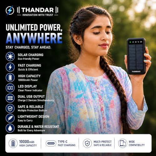 Image of THANDAR 10000mAh Solar Power Bank | Dual USB Output, Type-C Fast Charging Input, LED Torch, Emergency Solar Charging