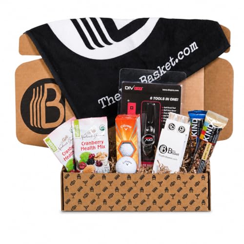 Product Image of the The BroBox Premium Golfer Goodies Box | Contains Div Pro Divot Tool, Golf Balls, Towel, Tees, Mix Snacks, Fruit and Nut Bars | Awesome Golf Themed Gift Basket For Men