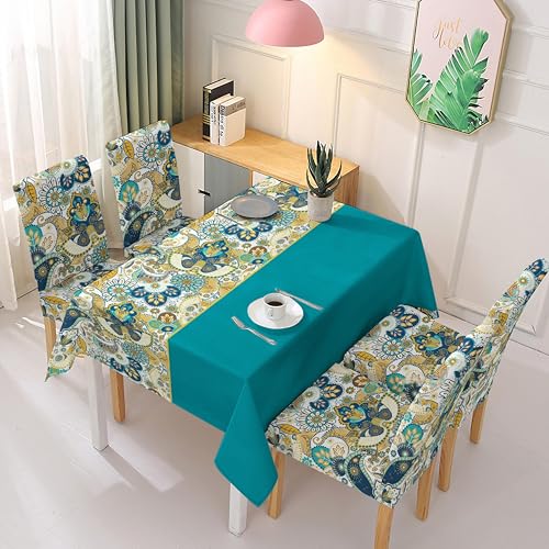 Image of Styleys Dining Chair Covers with Rectangular Table Cover | Waterproof Dining Table Cloth for Dining Room - 1 Table Cover + 4 Chair Cover, Teal Paisley Print, XKFSZB-14A