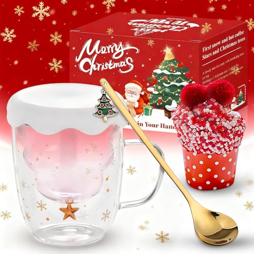 Allony Tazas Lindo de Navidad Taza, Calcetines Divertidos, Rosa Doble Pared con Aislamiento Lentes, Forma de Árbol de Navidad Taza de Café, Navideños Taza de Regalo per Caffè Latte Tè