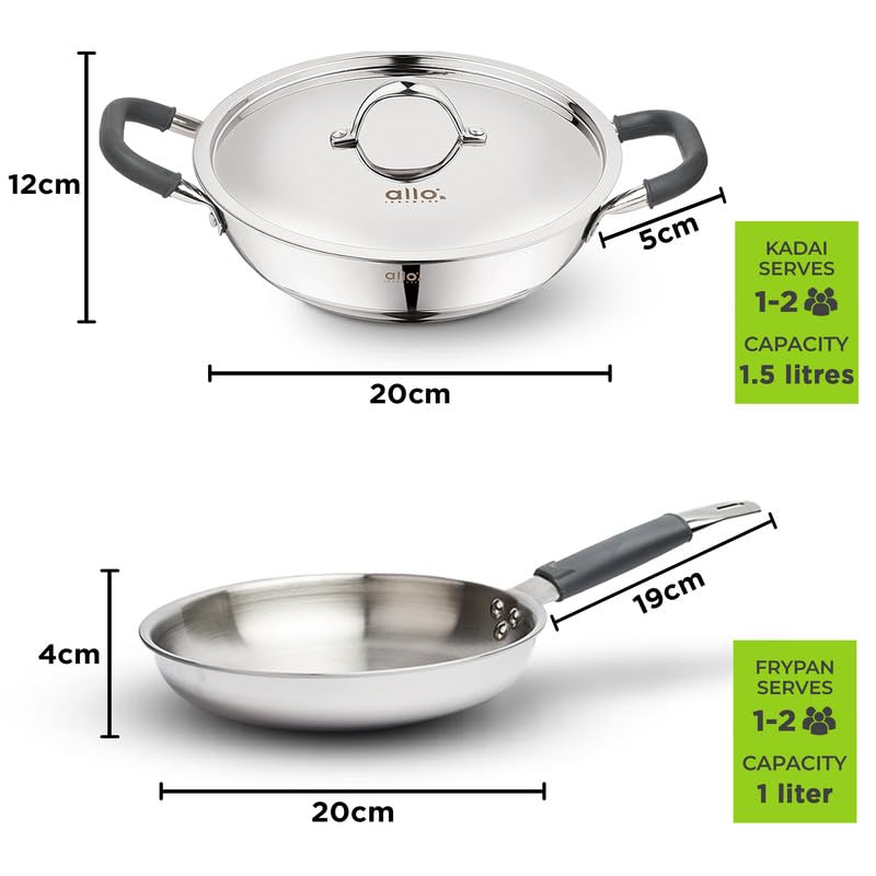 Image of Allo Stainless Steel Triply Cookware Set | Kadai with Lid (20 Cm /1.5 L)+ Fry Pan (20 Cm /1 L) | Perfect Cooking Combo for Curry /Stir-Fry /Deep-Fry /DryVeg /Sauta Induction Friendly Set of 3Pcs | Nonstick