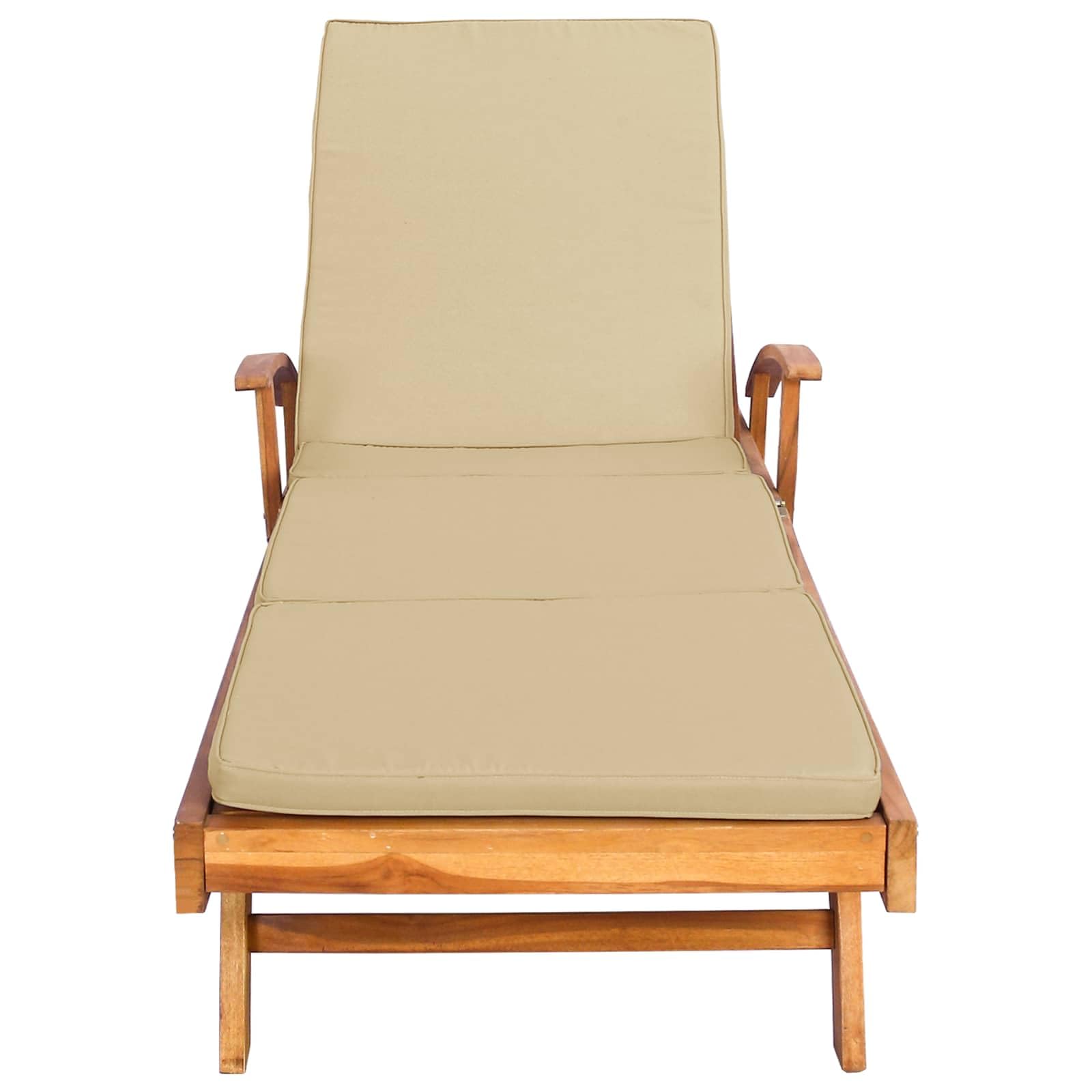 Lettino prendisole in teak massiccio con imbottitura 100% poliestere, regolabile e pieghevole, include tavolo laterale allungabile, ruote e braccioli per giardino, terrazza