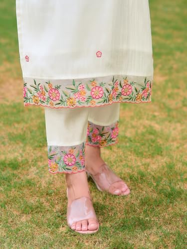 Image of NIVANA Womens Embroidered Rayon Kurta with Pant & Organza Embroidered Dupatta | Straight Fit | V-Neck | 3 /4 Sleeve | Ethnic Wear Set for Festive & Casual Occasions