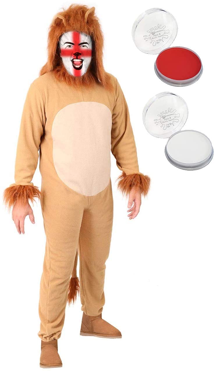 Déguisement de lion 2 pièces pour adulte Combinaison avec queue + capuche séparée pour déguisement + peinture visage rouge et blanc Costume de supporter de l'Angleterre Taille S