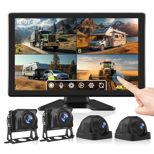 Image of 10.1 inch 1080P Wired Backup Camera System Kit, Color Night Vision Touch Screen DVR Recording Waterproof 4 Split Screen Rear Side View Camera for Truck RV Trailer Semi Box Truck Bus