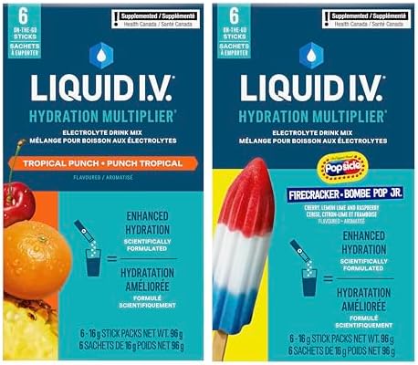 Liquid I.V. Hydration Multiplier Electrolyte Drink Mix for Accelerated Hydration Tropical Punch Firecracker with Vitamins B3, B5, B6, B12 and C 48 g (6 sticks x 2)