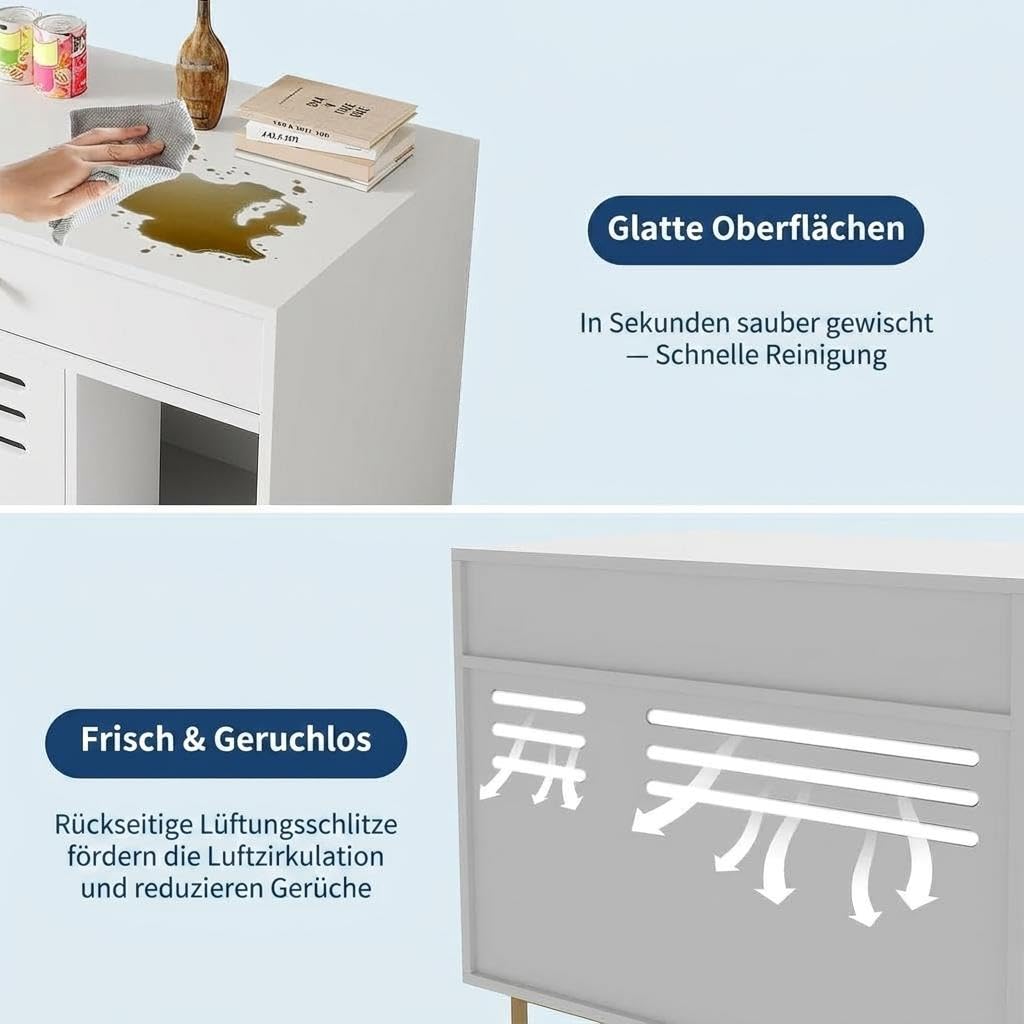 Modernes Katzenklo-Möbel mit Schublade, Regal, Versteckter Katzenklo Schrank 80 × 50 × 67cm, Katzenstreu Enclosure mit Seitlicher Einstieg, Belüftetes, Hundesicher für Flur & Schlafzimmer, Weiß