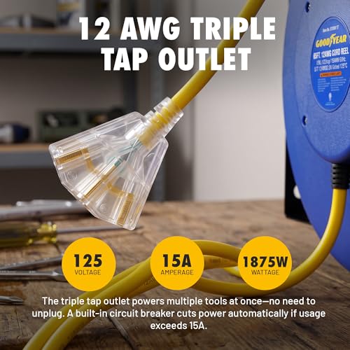 Image of Goodyear Retractable Extension Cord Reel - Enclosed, 12AWG x 65 ft