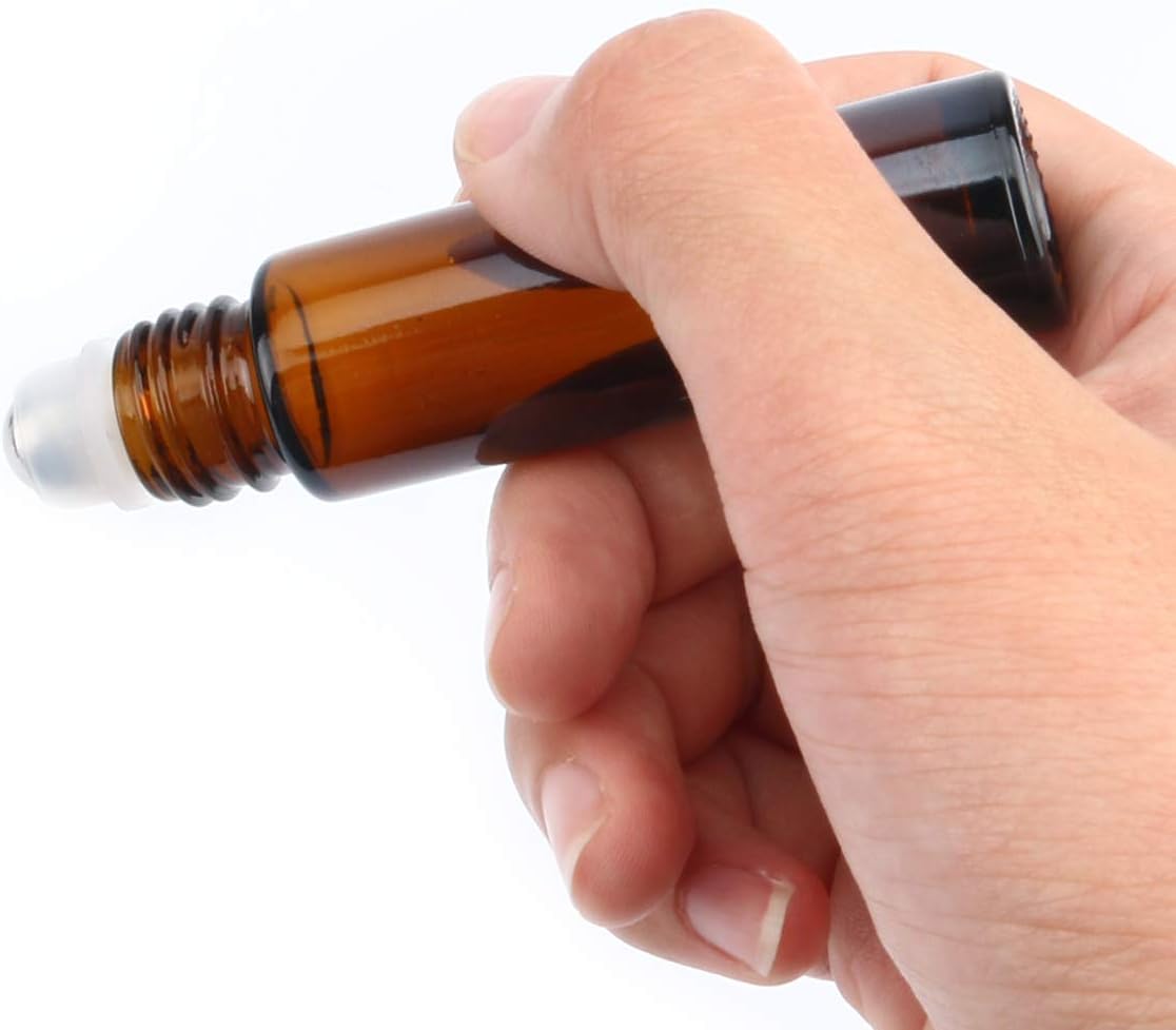 ESARORA Glass Roller Bottles, 24 Pack 10 ml Amber Essential Oil Roller Bottles with Stainless Steel Roller Balls (3 Dropper, 6 Extra Roller Balls, 2 Bottle Opener)
