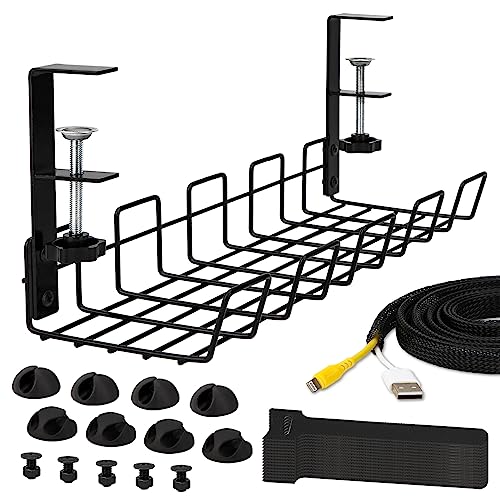 Under Desk Cable Management Tray Kit 25PCS - No Drill Cable Basket with 2m Cable Tidy Sleeve and 15 Cable Ties for Desk Wire Management, Black Metal PC Cord Organizer for Home Office Computer Desk