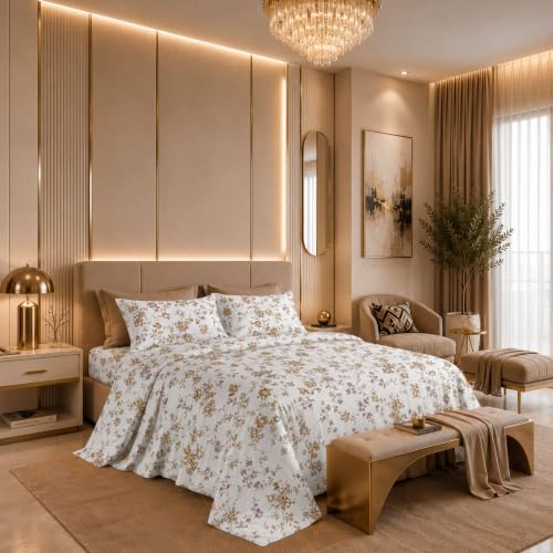 Image of Jaipur Weaves Cotton Linen Feel King Size Bedsheet 108x108 Super King, 100% Pure Cotton Bed Sheet with 2 Pillow Covers, 300 TC Soft Breathable Floral Design Bedding -(Vintage Mustard, Super King)