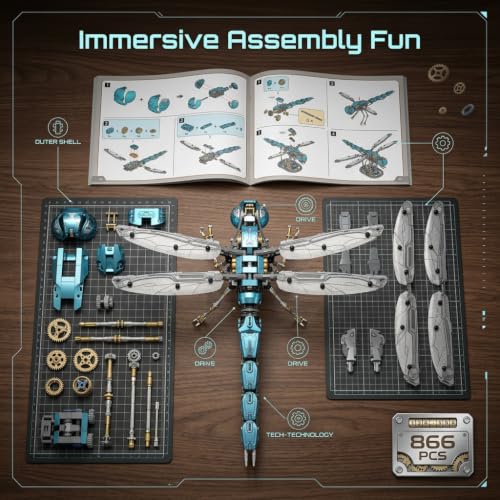Image of Mechanical Dragonfly Building Blocks for Adults- Compatible with Lego, Insect Animal Model with Light & Display Stand, STEM Toys for Teens Home or Office Decor (866PCS)