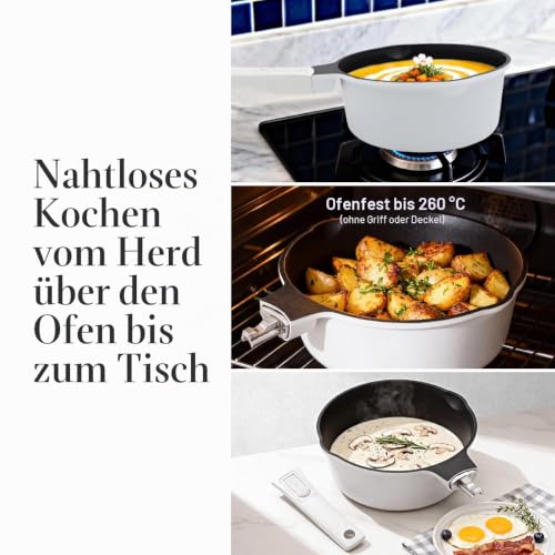 Kasserolle 20cm mit Deckel, 2.5L Antihaft-Stielkasserolle- Weiß-Schwarz – Ansicht 3