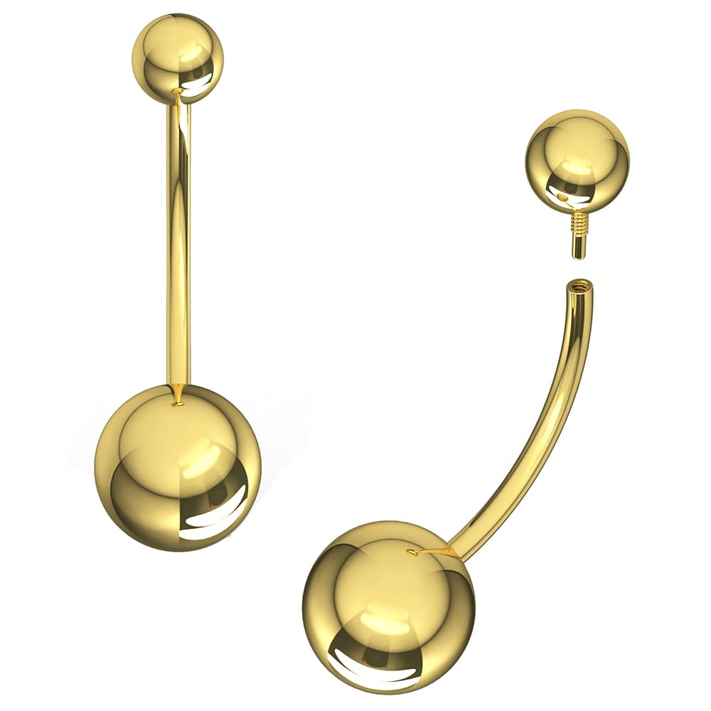 Piercing para ombligo de oro amarillo macizo de 14 quilates con rosca interna de bola lisa - Joyería para ombligo - Joyería para el ombligo - Piercing curvo de oro para ombligo