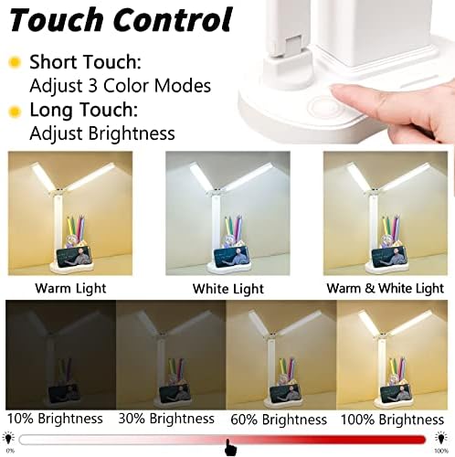 Acemall Desk Lamp LED 2 Heads Lamp for Study, Eye-Care Table Lamp with Pen & Phone Holder, 3 Color Modes, Dimmable, USB Charging, Touch Control, Reading Lamp for Study, Work, Home, Office, Bedroom