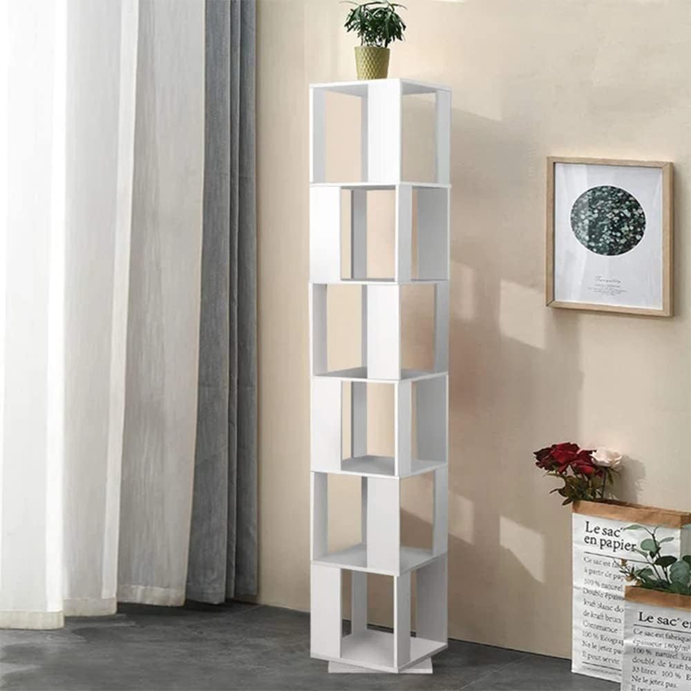 360° Rotating Bookshelf, 6 Tier Tall Floor Standing Revolving Bookcase, Wood Narrow Storage Rack for Small Space, Bedroom, Living Room (White)