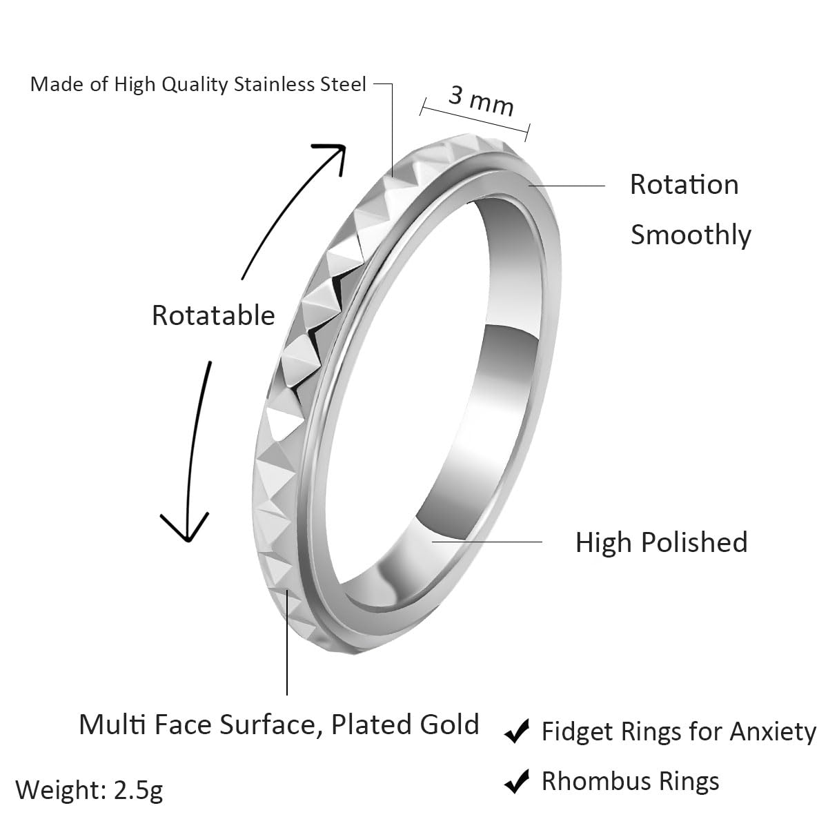 Anillos de ansiedad de acero de titanio de 0.118 pulgadas para mujeres y hombres, anillos multifacéticos para ansiedad, anillos giratorios de rombos para aliviar el estrés, ajuste cómodo para 2