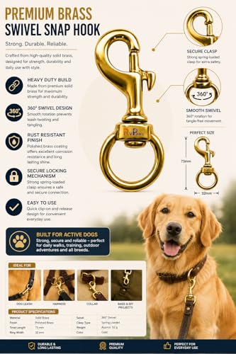 Image of Woofy Heavy Duty Solid Pure Brass Swivel Bolt Snap Hook Single Ended Round Swivel Clip Buckle Dog Chain Leather Craft Scuba Diving Snorkeling Equipment Medium - 30.48 Cm
