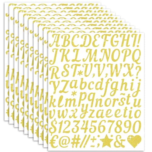 JAMIEWIN 880 PCS Gold Letter Stickers 10 Sheet Self-Adhesive Glitter Number Alphabet Stickers Waterproof 1 inch Vinyl Letter Sticker Cursive for DIY Craft Art Graduation Cap Scrapbook Valentine Gift