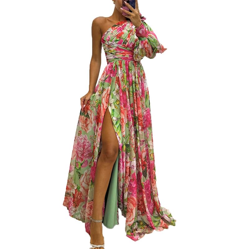 VIVICOLOR Vestido largo de tul con estampado floral y un hombro descubierto para mujer, vestido de baile de graduación, vestido de fiesta formal con abertura, 57., L