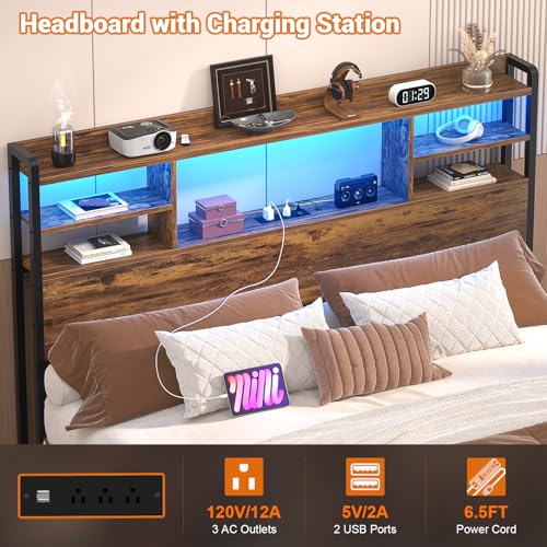 Image of Aheaplus Headboard for Full Size Bed with Storage and Outlets, Rustic Brown | Headboards with LED Light, Power Outlets, USB Ports Full Size Head Board, Wood headboard Only Sturdy and Stable Headboards