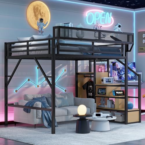Aurnienofus Queen Size Loft Bed with Stairs and Storage, Metal Loft Bed Frame with Bedside Shelf and Large Under-Bed Space, Heavy-Duty Beds for Adults Teens and Kids, Black