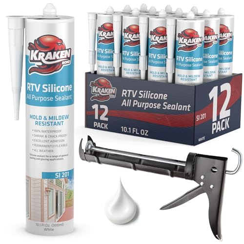 Image of Kraken Bond White Silicone Sealant Waterproof% 100-10 fl oz Cartridge - RTV Silicone Caulk Kitchen and Bathroom, All Purpose, Window Caulking Sealant Outdoor Exterior Use Silicon, Gun Incl - 12 Pack