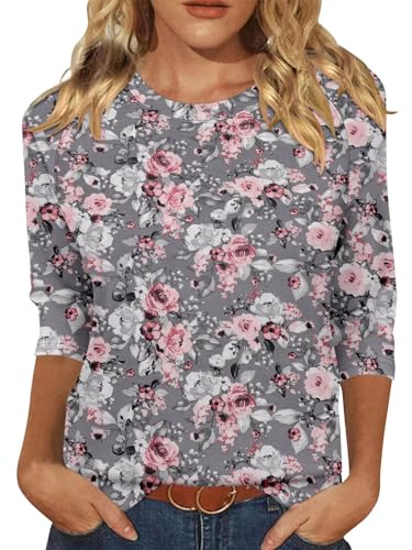 KISSMODA Tunic Tops for Women Loose Fit Dressy Round Neck Pleated 3/4 Length Sleeve Spring Tops