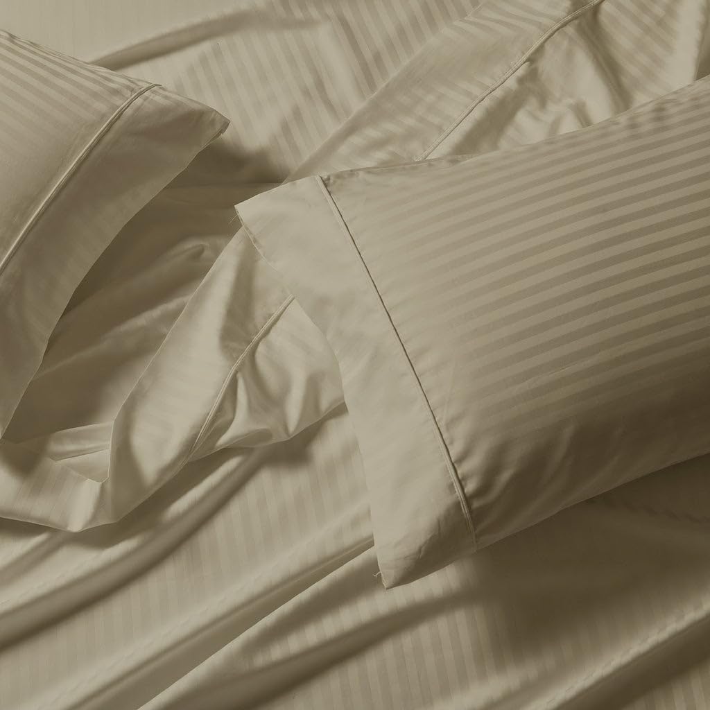 Royal Tradition Made in USA- Pure Cotton Low Profile Sheet Set (7-10 Inches) 608 Thread Count, King Size Bed Sheets, Striped Beige