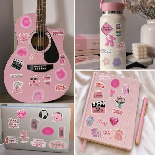 Image of Kawaiee Aesthetic Sticker Collection | Cute Pink Stickers for Laptop, Journal, Water Bottle, Phone Case & Scrapbook | Main Character Energy, Self Care & Y2K Inspired Vinyl Decals (3 Sheets)