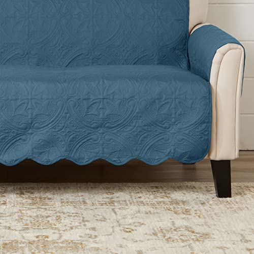 Image of Great Bay Home Reversible Chair Cover - Washable Slipcover Furniture Protector with Elastic Straps - Perfect for Kids & Pets - Quilted & Stitched Detail (Smoke Blue /Ivory)