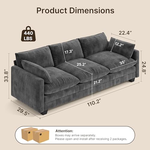 Image of Gizoon 3 Seater Couches for Living Room, Cloud Sleeper Sofa with Double Cushion Corduroy Deep Seat Sofa Couches with 2 Pillows for Living Room Bedroom and Apartment,Pet-Friendly Fabric, Grey