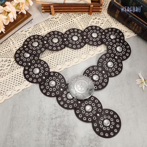 Image of WERFORU Women Wide Western Disc Belt Cowgirl Boho Leather Belt for Jeans Dress