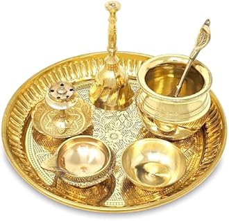 Brass Pooja Thali Set Small 6 Inch Puja Thali with Pital Plate Kalash Kuber Diya Chandan Wati Agarbatti Stand Ghanti Palli Arti Thali for Diwali Home Office Mandir Wedding Return Gift Items
