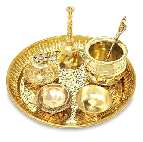 Brass Pooja Thali Set Small 6 Inch Puja Thali with Pital Plate Kalash Kuber Diya Chandan Wati Agarbatti Stand Ghanti Palli Arti Thali for Diwali Home Office Mandir Wedding Return Gift Items