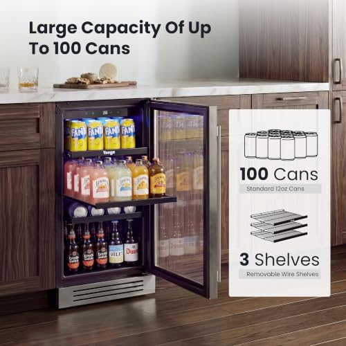 Image of Yeego Beverage Refrigerator Cooler - 15 Inch 100 Cans Mini Fridge with Glass Door, 34-54 ℉ Drink Cooler, Built-in or Freestanding for Wine Beer Soda Bar Office Home Dorm