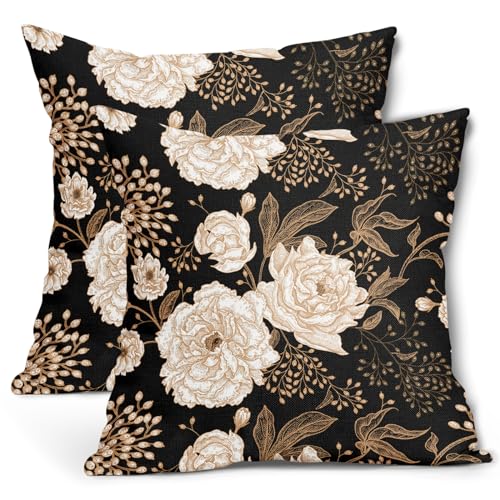 aportt Vintage Peony Roses Floral Plant Pillow Covers 18X18 Inch Set of 2 Chinoiserie White Flower Leaves Decorative Pillow Cases Black Gold Cushion Case Vintage Home Decor for Sofa Couch Outdoor