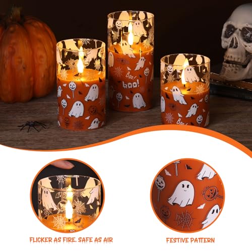 Image of Orange Ghost Halloween Flameless Pillar Candles with Remote Set of 3